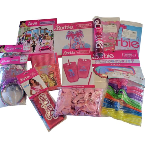 Barbie Party Supply Decorations Banner Balloons Cups Napkins Headbands Huge Lot - Picture 1 of 16